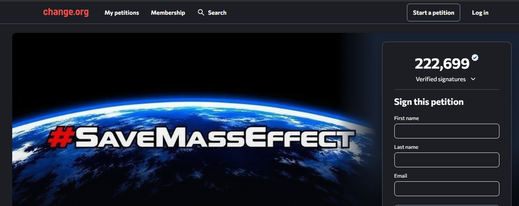  Save Mass Effect petition on Change.org showing more than 221,000 verified signatures.